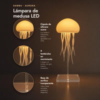 Aurora — cúpula de silicona suave, 9 tentáculos en movimiento, base de acrílico transparente