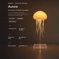 Aurora — iluminación ambiental recargable: 4 ambientes de luz, activación por sonido, batería recargable, carga USB-C